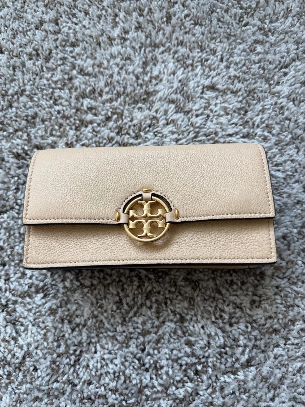 Tory Burch Miller Beige Leather Wallet Clutch with Gold Logo